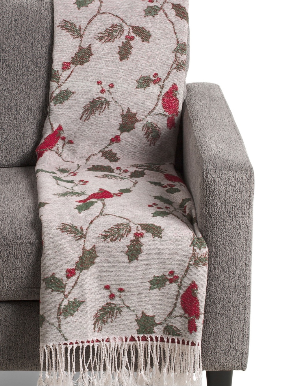 MARTHA STEWART Holiday Cardinal Holly Berry Woven Throw with Fringe - Red/Green